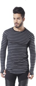 FugazeeLifestyle Striped Men's Round Neck Grey, Black T-Shirt