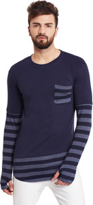 Hypernation Striped, Solid Men's Round Neck Blue T-Shirt