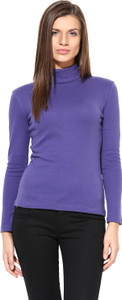 Hypernation Solid Women's Turtle Neck Blue T-Shirt
