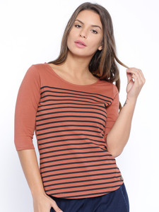 Cult Fiction Striped Women's Scoop Neck Orange T-Shirt