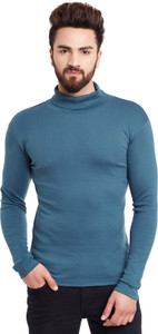 Hypernation Solid Men's Turtle Neck Blue T-Shirt