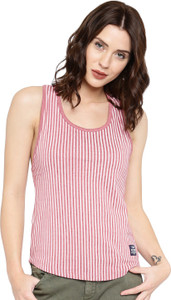 Cult Fiction Striped Women's Scoop Neck Pink T-Shirt