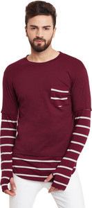 Hypernation Striped, Solid Men's Round Neck Maroon, White T-Shirt