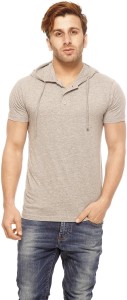 Gritstones Solid Men's Hooded Grey T-Shirt