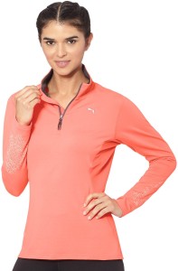 puma solid women mandarin collar pink t-shirt 51305102