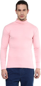 Hypernation Solid Men's Turtle Neck Pink T-Shirt