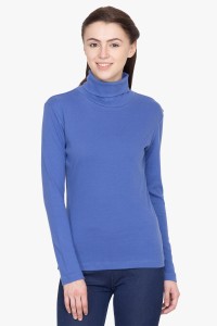 Hypernation Solid Women's Turtle Neck Dark Blue T-Shirt