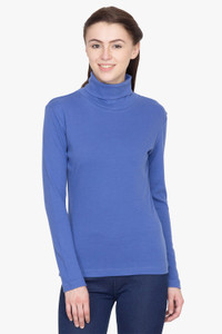 Hypernation Solid Women's Turtle Neck Dark Blue T-Shirt