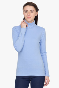 Hypernation Solid Women's Turtle Neck Blue T-Shirt