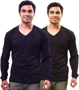Unisopent Designs Solid Men's V-neck Dark Blue, Black T-Shirt