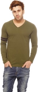 Gritstones Solid Men's V-neck Green T-Shirt