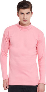 Hypernation Solid Men's Turtle Neck Pink T-Shirt