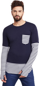 Hypernation Striped, Solid Men's Round Neck Blue, White T-Shirt