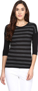 Hypernation Striped Women's Round Neck Black, Grey T-Shirt