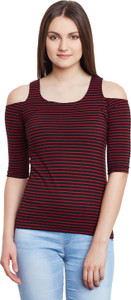 Hypernation Striped Women's Round Neck Red, Black T-Shirt