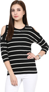 Hypernation Striped Women's Round Neck Black T-Shirt
