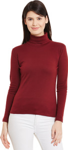 Hypernation Solid Women's Turtle Neck Maroon T-Shirt