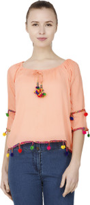 BuyNewTrend Casual 3/4th Sleeve Embroidered Women's Orange Top
