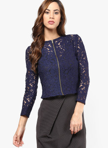 Citrus Casual Full Sleeve Self Design Women's Blue Top