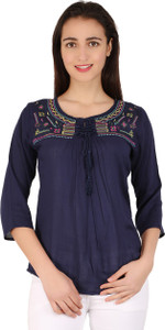 BuyNewTrend Casual 3/4th Sleeve Embroidered Women's Dark Blue Top