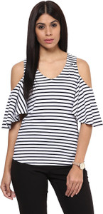 Hypernation Casual Cap Sleeve Striped Women's White Top