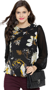 Sassafras Casual Full Sleeve Floral Print Women's Black Top