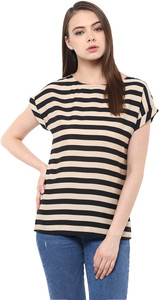 Miss Chase Casual Short Sleeve Striped Women's Black Top