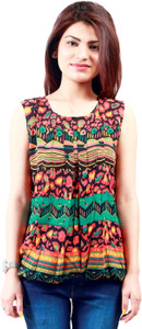 Crease & Clips Casual Sleeveless Printed Women's Orange Top