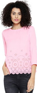 Sassafras Casual 3/4th Sleeve Solid Women's Pink Top