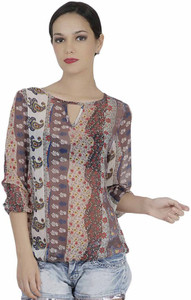 Mask Lifestyle Casual 3/4th Sleeve Printed Women's Multicolor Top