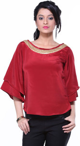 Veakupia Casual 3/4th Sleeve Solid Women's Maroon Top