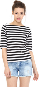 Miss Chase Casual Short Sleeve Striped Women's Black, White Top