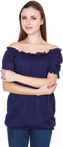 TeeMoods Casual Puff Sleeve Solid Women's Dark Blue Top