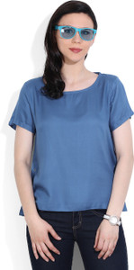 United Colors of Benetton Casual Short Sleeve Solid Women's Blue Top