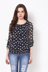 harpa casual roll-up sleeve floral print women dark blue top
