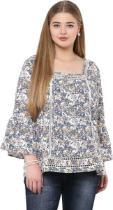 Plus Wink Casual Bell Sleeve Floral Print Women's Blue Top