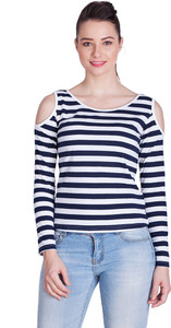 Veakupia Casual Full Sleeve Striped Women's Dark Blue, White Top
