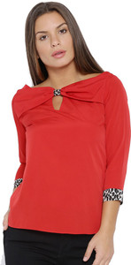 Veakupia Casual 3/4th Sleeve Solid, Animal Print Women's Red Top