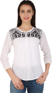 BuyNewTrend Casual 3/4th Sleeve Embroidered Women's White Top
