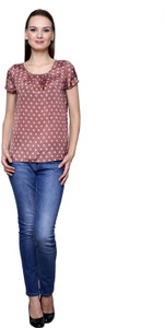 Trendsnu Casual Cap Sleeve Printed Women's Brown Top