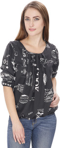 Rashi Creation Party 3/4th Sleeve Printed Women's Black Top
