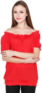 TeeMoods Casual Puff Sleeve Solid Women's Red Top