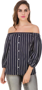 BrandMeUp Party 3/4th Sleeve Striped Women's Blue Top