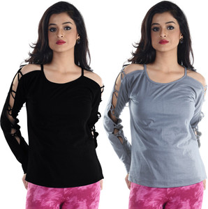 Veakupia Casual Full Sleeve Solid Women's Black, Grey Top