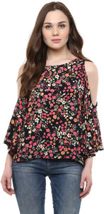 Harpa Casual 3/4th Sleeve Floral Print Women's Black Top