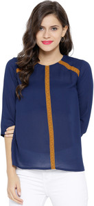 Sassafras Casual 3/4th Sleeve Solid Women's Dark Blue, Yellow Top