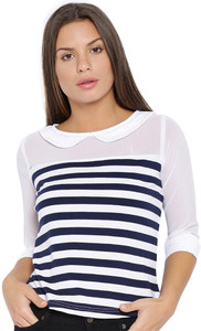 Veakupia Casual 3/4th Sleeve Striped Women's White, Blue Top
