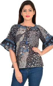 9teenAGAIN Casual Short Sleeve Printed Women's Black Top