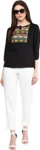 Mayra Party 3/4th Sleeve Solid Women's Black Top