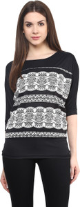 Mayra Party Short Sleeve Printed Women's Black Top